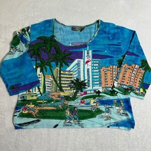 Jane Ashley 2X Top Womens Miami South Beach Art Deco Novelty Print Retro Coastal